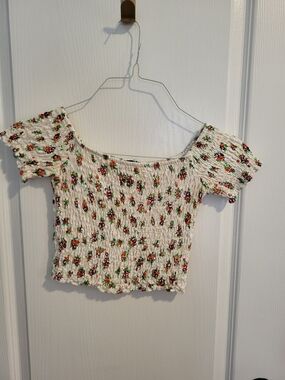Topshop White Smocked Floral Off-Shoulder Crop Top